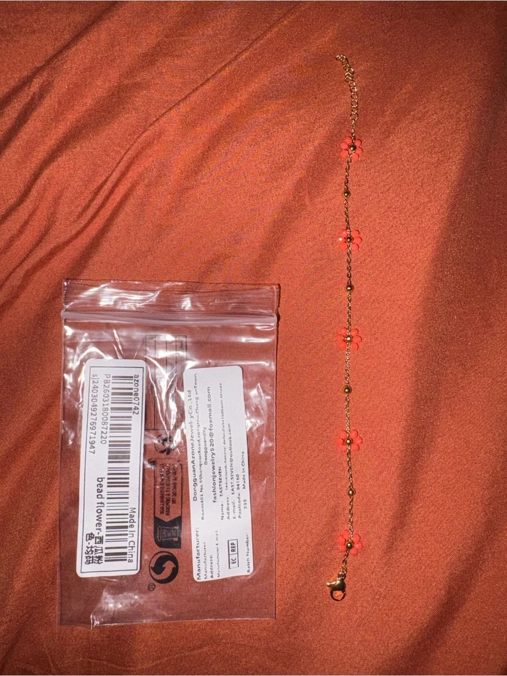 Gold Chain Bracelet with Orange Flower Beads - Women Jewelry